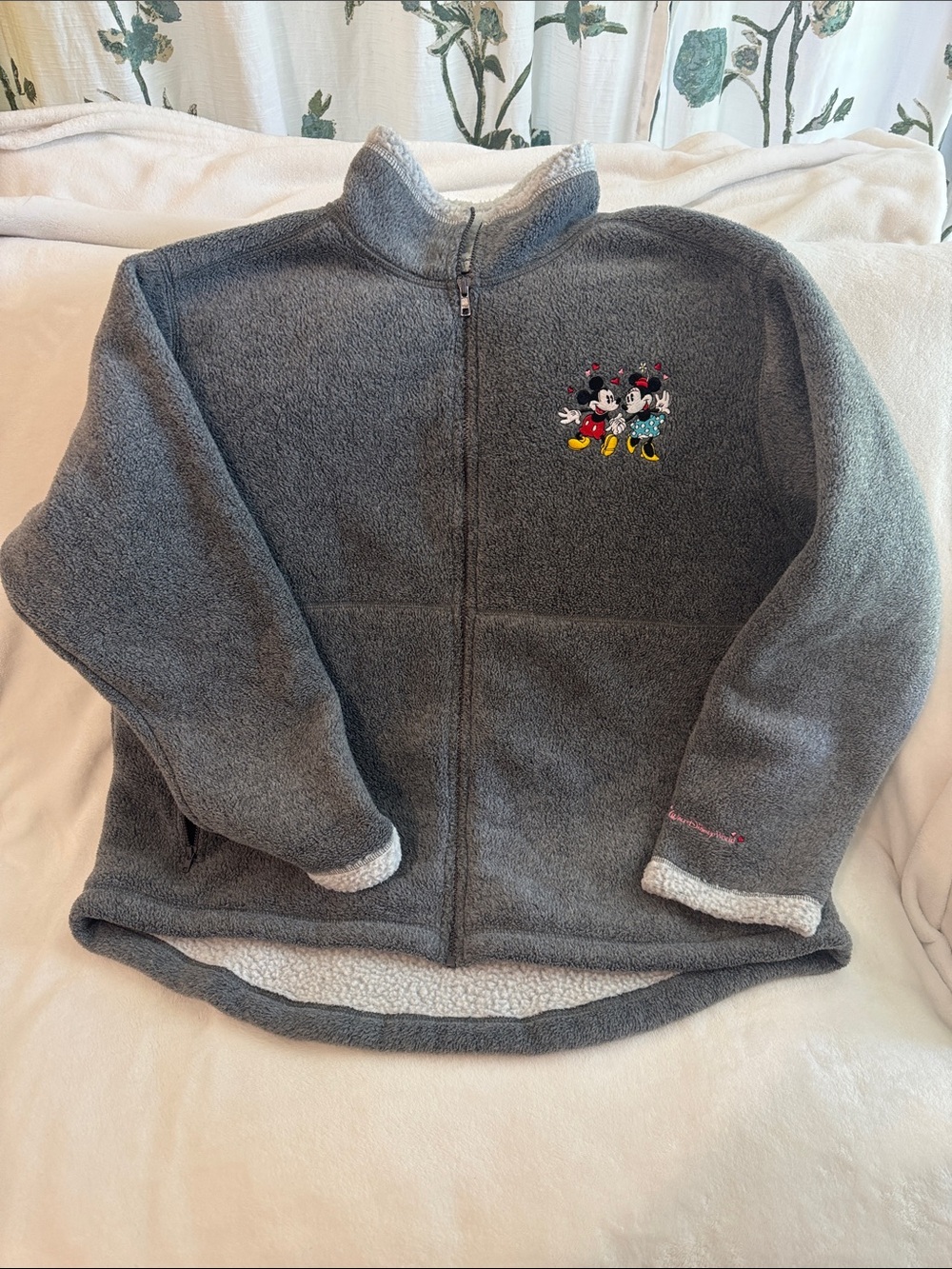 Disney Gray Sherpa Zip Hoodie with Mickey & Minnie Embroidery